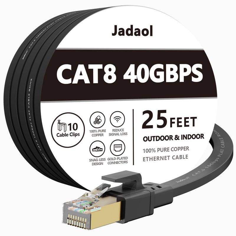 Jadaol Cat 8 Ethernet Cable 25 ft, 40Gbps 2000MHz Flat RJ45 S/FTP LAN Patch Cable, High-Speed Cat8 Network Cable for Router, Modem, Switch, Gaming Consoles, PC, Home Network & Streaming Devices, Black - Image 1